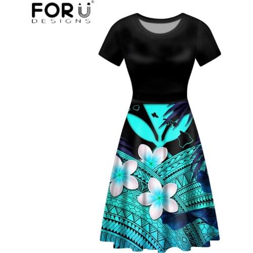 FORUSEDIGNS Fashion Women Party Dress Hawaiian Polynesian Plumeria Flower Printed Short Sleeves O-Neck Beach Sundress Vestidos