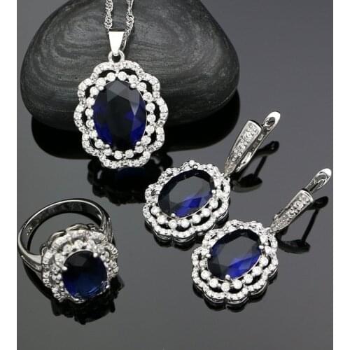 Blue Cubic Zirconia White Crystal 925 Silver Jewelry Sets For Women Party Accessories Earrings Pendant Ring Necklace Sets
