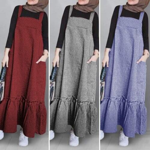 Womens Summer Sundress Fashion Check Overall Dress ZANZEA 2021 Casual Square Neck Maxi Vestidos Female Plaid Robe Femme 5XL