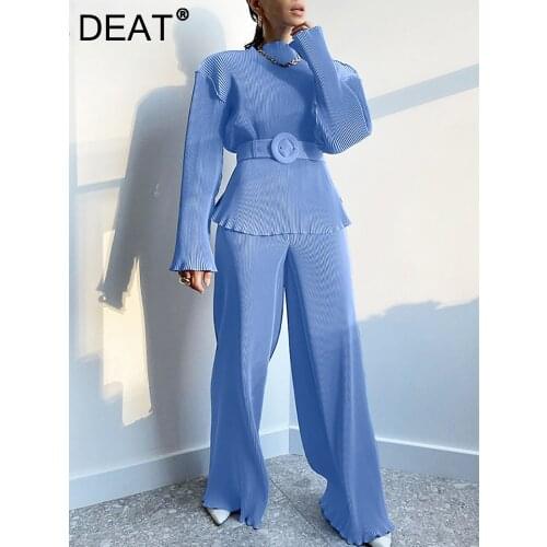 DEAT 2021 Autumn New Womens Long Sleeve Small Stand Collar Waist Wide Leg Pants Temperament Pleated Casual Suit 7I2303