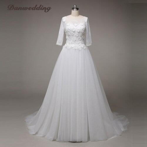 Elegant A-Line Wedding Dress 3/4 Long Sleeve Scalloped-Neck Lace Applique Plus Size Bridal Dress Illusion Back Wedding Gowns