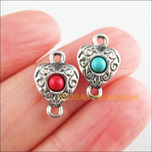 20 New Heart Charms Tibetan Silver Tone Red & Blue Stone Flower Connectors 10x15mm