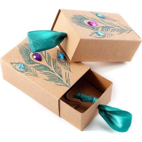 20pcs Kraft Paper Peacock Candy Gift Boxes Feather Diamond Drawer Pull Design Sweet Treat Chocolate Packing Case With Ribbon Fo