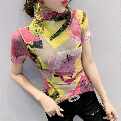 2021 New Shirt Tees 3XL Summer Fashion Mesh Sexy Turtleneck Print T-shirt Women Clothes Tops European Ropa Mujer Bottoming