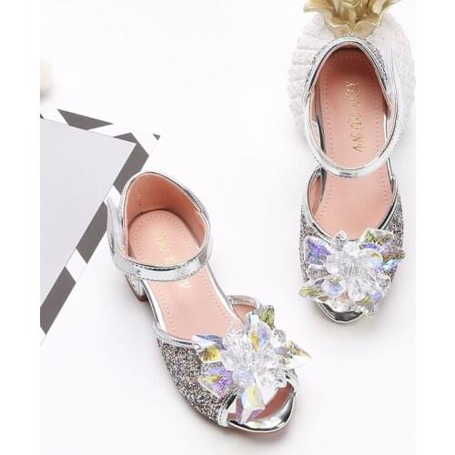 2021 3-12 Years Fashion Crystal Flower Princess High Heels Shoes For Girl Beach Child Leather Sandals Kids Summer Sequins Shoes