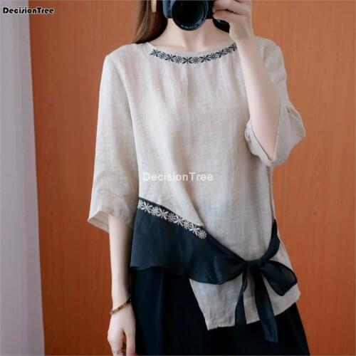 2021 woman traditional chinese qipao top cotton linen half sleeve bow hanfu tops chinese casual vintage tang suit shirt