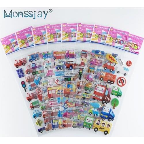 8 Sheets/set car bus transportation vehicle cognition sticker Children cute 3D learning stickers DIY toy for boys gift