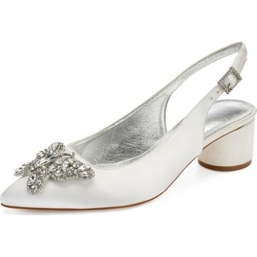 Pointed toe slingback round kitten low heel lady satin evening dress shoes with 3D crystal butterfly brooch bridal wedding prom