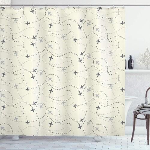 Beige Grey Shower Curtain Airline Route Map Flight Jet Destination Control Fly Theme Textured Travel Trip Journey