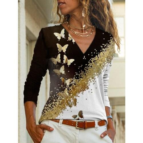 Blouses Women Casual 2021 Autumn Butterfly Print V Neck Loose Tee Tops Long Sleeve Sexy Blouse Plus Size Blusas De Mujer