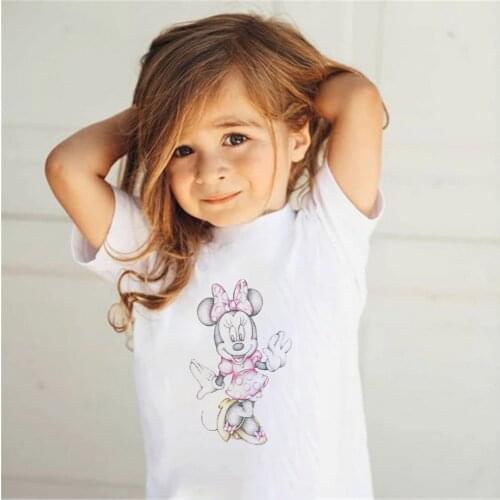 New Summer Disney Children Clothing Happy Duck Cartoon Minnie Mickey Gifts Boy Shirt Girl Short Sleeve Kids T-Shirt Casual White