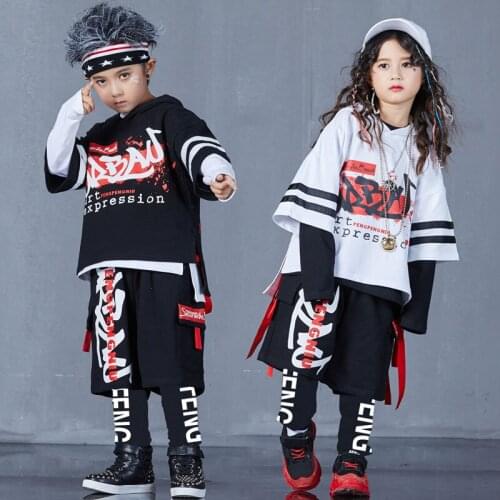 Kids Streetwear Hip Hop Loose Hooded T-shirt Sets Print Boys Girls T Shirt Children Stage Fashion Show T-shirts Clothing