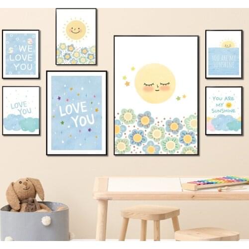 Blue Sun Flower Quote Cartoon Wall Art Canvas Painting Nordic Posters And Educate Prints Wall Pictures Kids Kawaii Room Decor