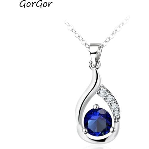 GorGor Necklace Women Copper Material Pattern Water Drop Blue Glass Bead Pendant Luxury Exquisite Party Jewelry R10300932254A