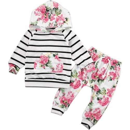 2PCS Baby Girls Clothes Sets Hooded Pullover Tops Casual Striped Pants Packet Clothes Sets Outfits Floral
