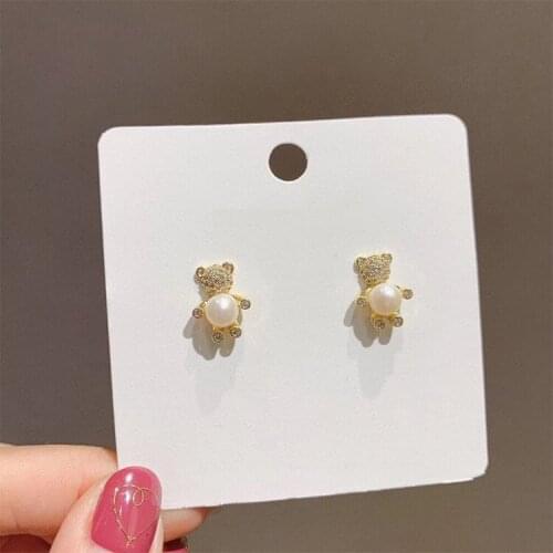 Personal Stereoscopic Holding Simulated-pearl Little Bear Stud Earrings Compact Exquisite Mosaic Crystal Rhinestone Earrings
