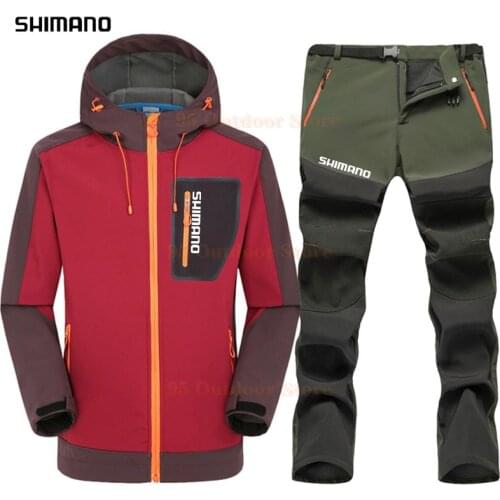 Shimano Men Softshell Fishing Fleece Sets Outdoor Waterproof Windbreaker Jackets Pants Thremal Warm Coat Trekking Ski Trousers