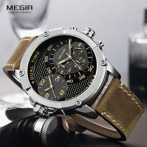 MEGIR Mens Leather Strap Sports Chronograph Quartz Watches Fashion Double Time Zone Army Waterproof Wristwtach for Man 2093GBN