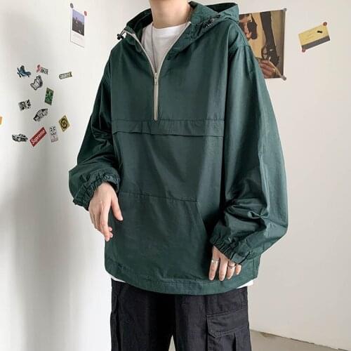 Half Zipper Jacket Mens Hooded Sweatshirt Hong Kong Fashion Brand Trendy Handsome Sports Jacket Coat Casual Solid Color 2021