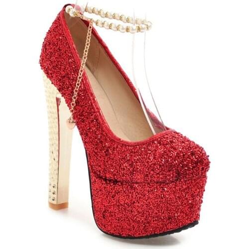 Joker round head 2018 new fashionable beaded strap waterproof ultra-high 48 bride shoes with 33-1835