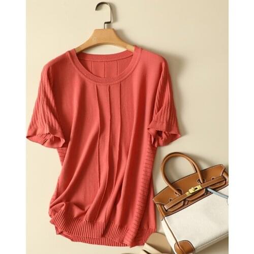 Solid Knitted Women T-Shirts Summer New 2021 O-Neck Loose Elegant Solid Office Lady Pulls Tops Tees
