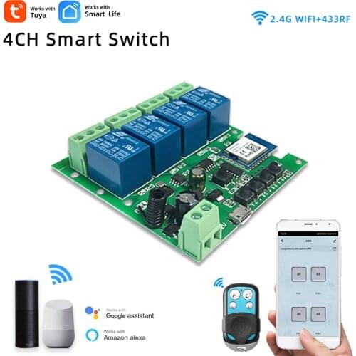 Tuya Smart Life 4CH WIFI Switch for Light,Home Appliance,5V 12V 32V,Inching Relay,Automation Module,RF433,Work with Alexa Google