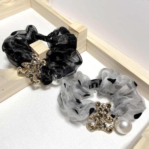 Polka Dot Bear Rhinestone Hair Ties for Women Vintage Rubber Scrunchie Girl Hair Accessories
