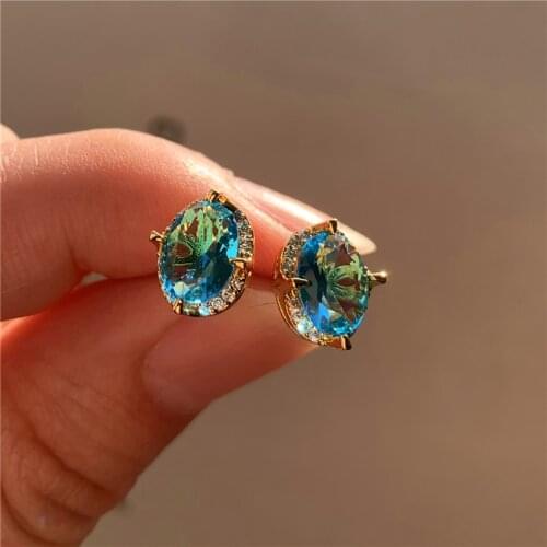 Luxury Female Rainbow Crystal Earrings Charm Gold Silver Color Small Stud Earrings Blue Oval Zircon Wedding Earrings For Women