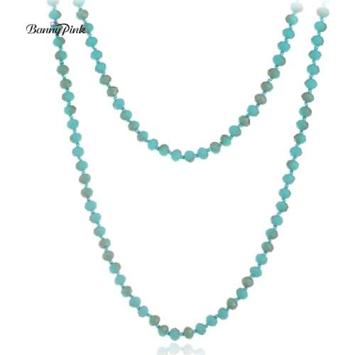 Banny Pink Bohemian Handmade Long Glass Knotted Crystal Necklace For Women Tribal Glass Beads Fashion Jewelry