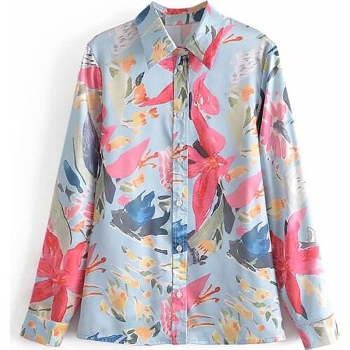 Nlzgmsj Za Shirts Women Retro Blue Flowers Romantic Blouse Shirt Long Sleeve 2021 Chic Female Shirt Tops 202108