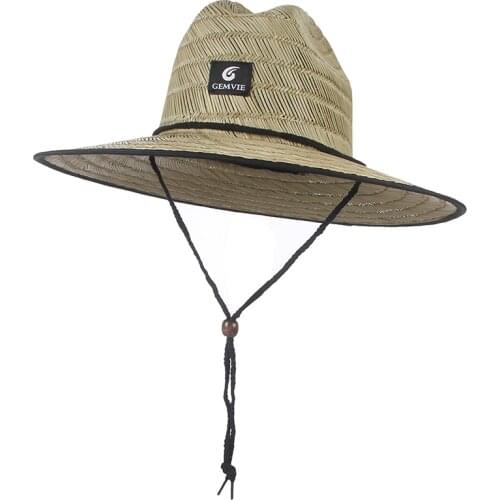 New Wide Brim Straw Hat Mens Lifeguard Summer Protection Hat Black Side Outdoor Panama Hat