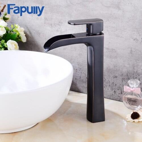 Fapully Bathroom Sink Waterfall Faucet Oil Rubbed Bronze Basin Mixer Vanity Sink Faucet Single Handle Tall Basin Taps 144-22ORB