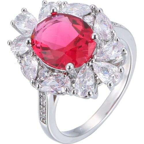 Women Rings Inlaid Red Zircon Flower Shape Silver Plated Rings Stylish Simple Engagement Rings Birthday Gift For Girlfriend