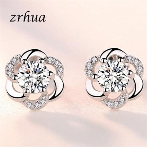 ZRHUA Real 925 Sterling Silver Flower Earrings For Women Christmas Gift Hot Wedding Statement Jewelry Pendientes Brincos