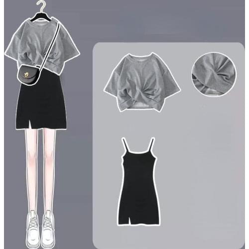 2021 new summer suit women fashion skirt ins summer round neck short sleeve + suspender Dress Suit