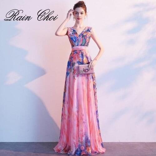 Women Long Formal Prom Gown Floral Printed V Neck Chiffon Evening Dresses 2020