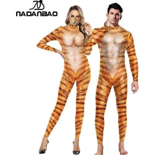 NADANBAO Cosplay Tiger Pattern Bodysuits Novelty 3D Animal Print Jumpsuit Men Women Clothing Long Sleeve Slim Sexy Bodysuit