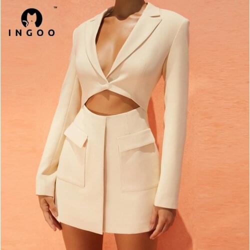 INGOO Long Sleeve Lapel Suit Dress Women Sexy Low Cut Hollow Elegant Office Ladies Mini Dresses Solid Slim Casual Street Outfits