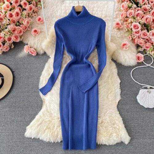 SINGREINY Women Turtleneck Knitted Dress Korean Long Sleeve Elastic Slim Pencil Dresses Autumn Winter Warm Bodycon Sweater Dress