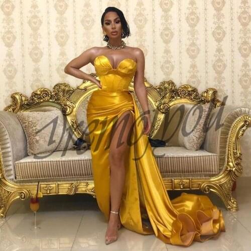 Fancy Golden Sweetheart Mermaid/Trumpet Floor-Length Satin Long Women Evening Dresses/Bridal Engagement Gowns Prom Free Shipping
