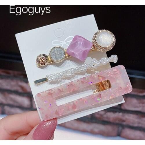 3PCS Fashion Girl Pearl Jewelry Hair Clip Vintage Marble Metal Hairpins Women Drop Duckbill Barrettes Acetate Geometric Hairgrip