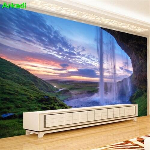 3D Wallpaper Beautiful Sunset Shuilian Cave Waterfall Water Financial Landscape Painting TV Background Wall Hotel Modern mural