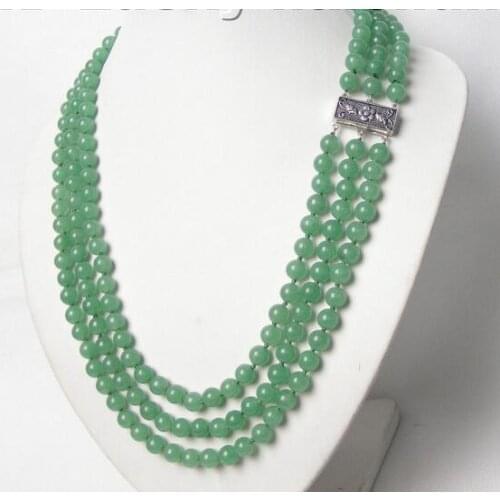 Free Shipping>> new hot 3row 8mm 100% nature round green jade necklace