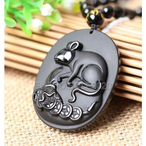 Free shipping Natural Black Obsidian Handmad Carved Chinese Zodiac Rat Pendant +Beads Necklace