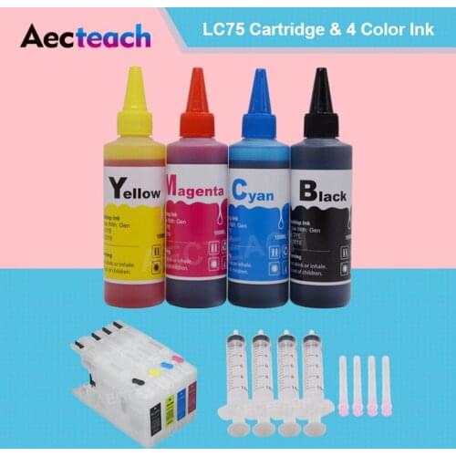 Aecteach LC-75 Printer Ink Cartridges + 400ml Dye Ink LC12 LC40 LC71 LC73 LC75 LC400 LC1220 LC1240 For Brother DCP-J525N Printer