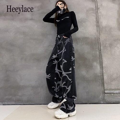 Gothic Streetwear Black Jeans Women Korean Fashion Oversize Denim Pants Vintage High Waist Wide Leg Trousers For Female