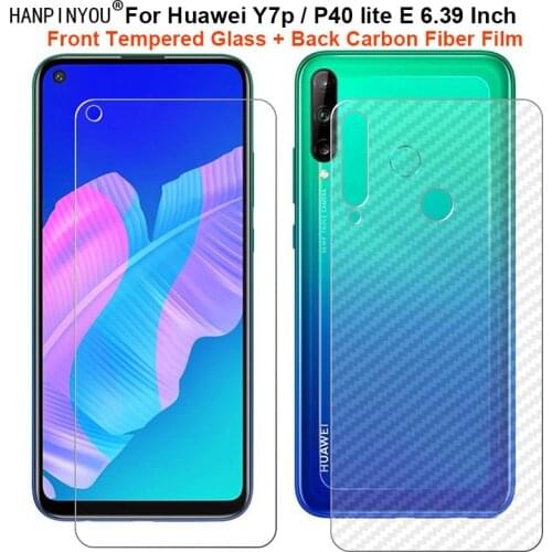 For Huawei Y7p / P40 lite E 6.39" 1 Set = Soft Back Carbon Fiber Film + Ultra Thin Premium Tempered Glass Front Screen Protector