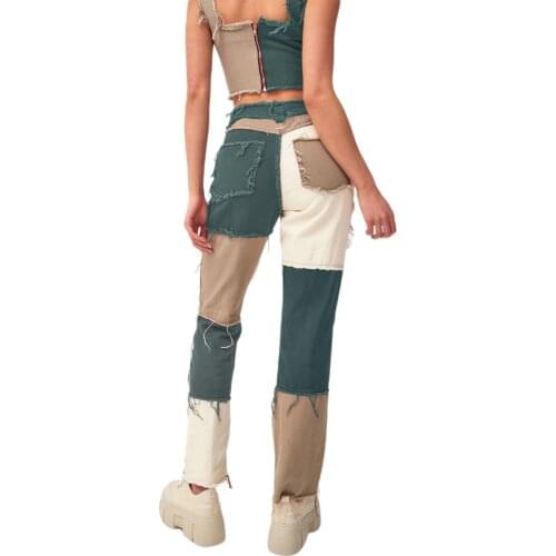 New Fashion Women Color Block Jeans, Middle Waist Pockets Patchwork Straight Trousers Casual Style Bottoms