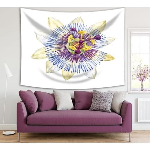 Tapestry Passion Flower Nature Summer Bloom Floral Abstract Artwork Printed Beige Blue Purple