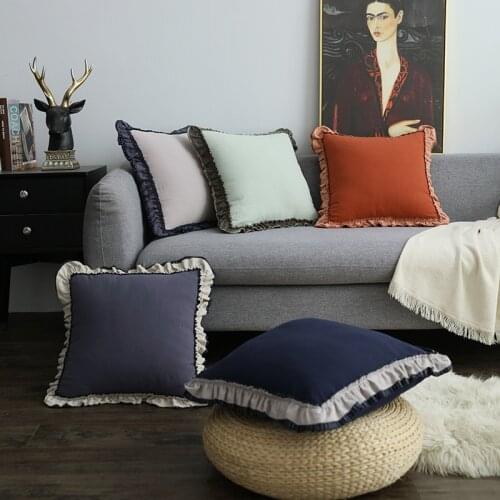 INS ruffles color contrast cushion cover solid cotton sofa chair decor pillow cover light and breathable bed seat car pillowcase